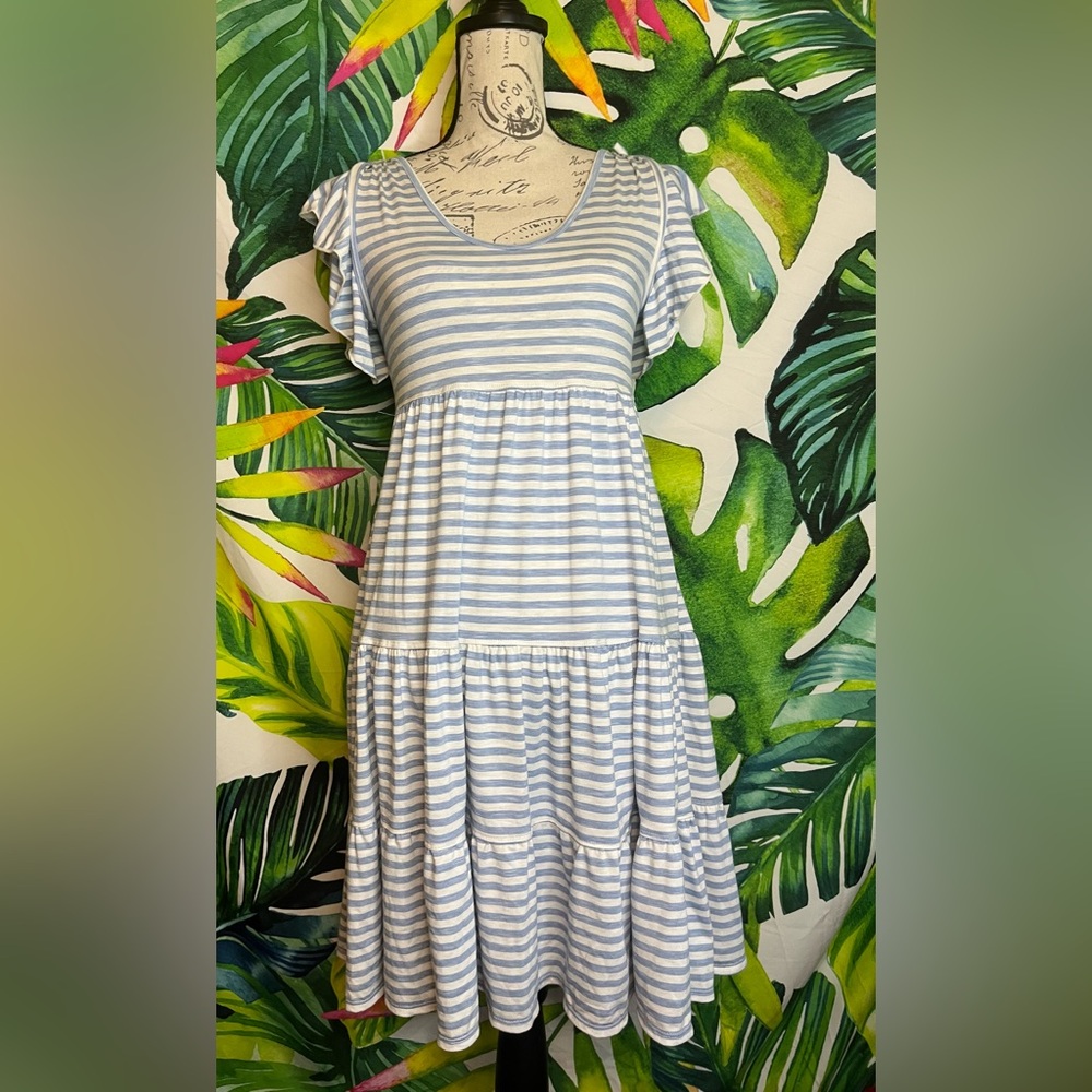 NWT $98 Max Studio XS Baby Blue White Striped Semi Sheer Preppy Casual Dress